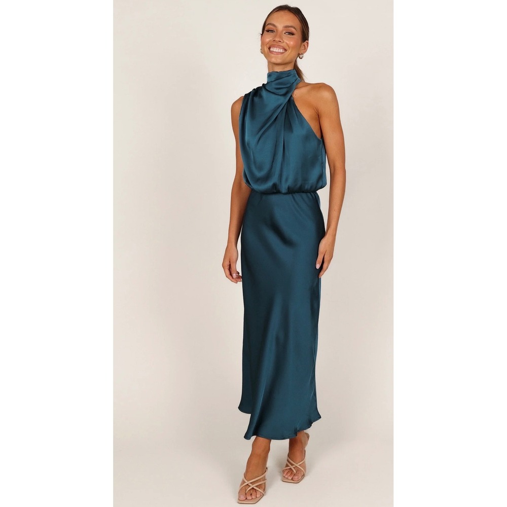 Petal and Pup Teal Satin Mock Neck Halter Midi Dress Draped Cowl Back Keyhole XS